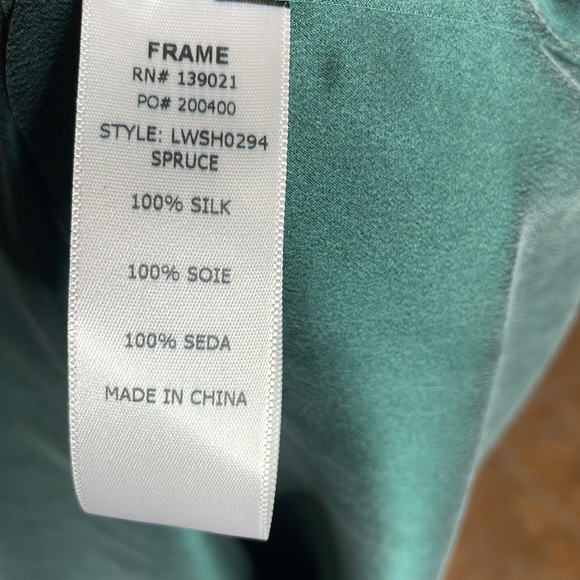 FRAME Sz Small Spruce Color 100% Silk Shirt Lace detail Like New Tunic Style - Picture 7 of 7